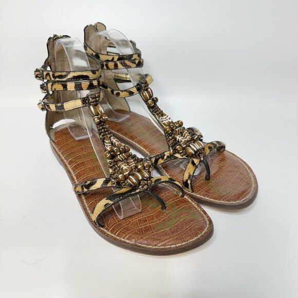 SAM EDELMAN Giada Embellished Gladiator Sandals Beaded Leopard Pony Hair Sz 8.5 - Picture 2 of 11